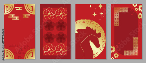 Red and gold Chinese New Year 2026 poster vector set with horse silhouette, abstract waves, circular patterns and hanging lanterns for luxury festive design, greeting cards and print media