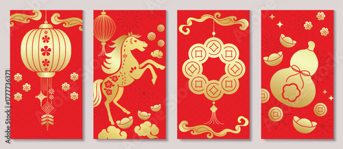 Chinese New Year and Year of the Horse red and gold vector red envelope set with lantern, golden horse, lucky coins, ingots, gourd charm and cloud decorations.