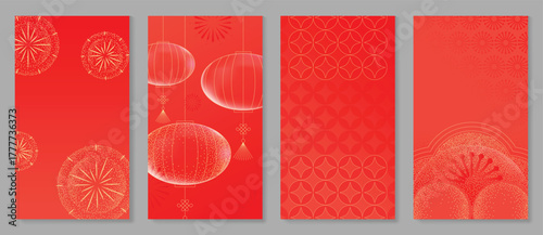Red Chinese New Year 2026 poster vector set with golden lanterns, firework sparkles and geometric patterns for festive greeting cards, banners and luxury print decoration