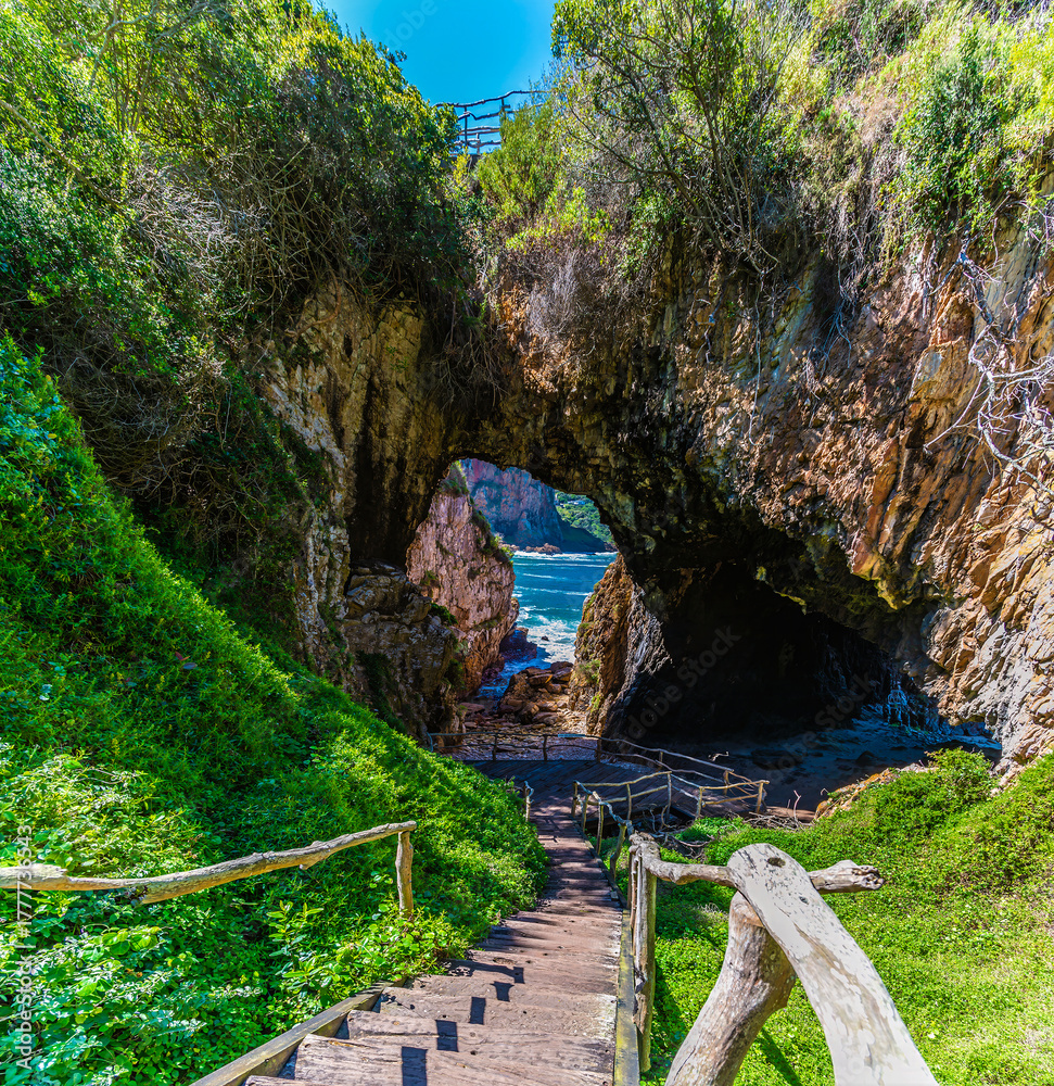 Obraz premium A view down steps leading to sea caves on West Head headland, South Africa in Springtime