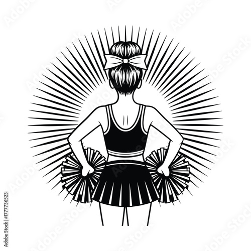 Ballet dancer with tutu and pom poms viewed from behind against sunburst