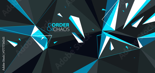 Abstract polygonal vector background of low poly surface and broken shapes particles in motion, black and blue colors order and chaos creative concept.