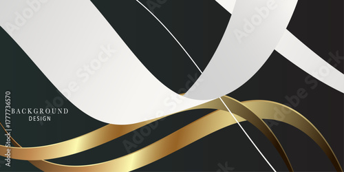 Abstract gold lines curve wavy on deep green  luxury style design