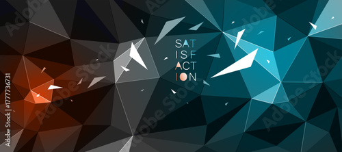 Low poly background with particles debris in motion and color spotlights vector design, 3D dynamic surface with debris explosion, triangular elements flying over polygonal backdrop.