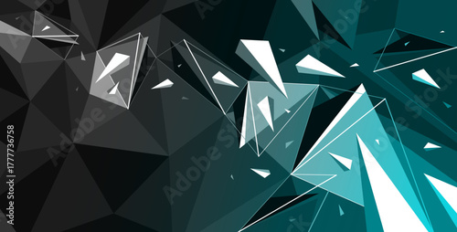 Low poly dark vector abstract background with dynamic particles in chaos, broken debris explosion mess polygonal abstraction, 3D structure dynamism.