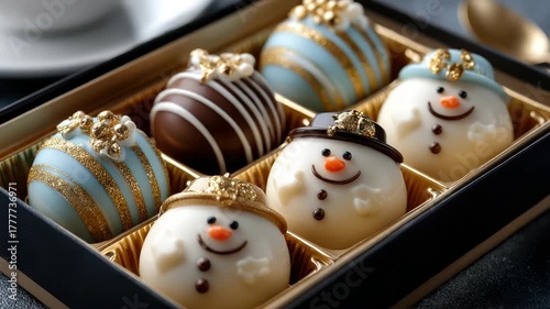 Elegant Christmas chocolate box with assorted delicious bonbons and truffles shaped like snowmen and decorated ornaments, slowly rotating to showcase the intricate and festive designs