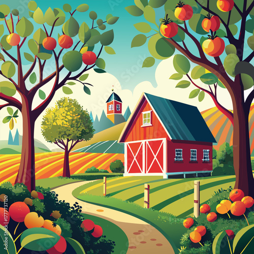 Scenic farm landscape illustration with red barn and apple trees