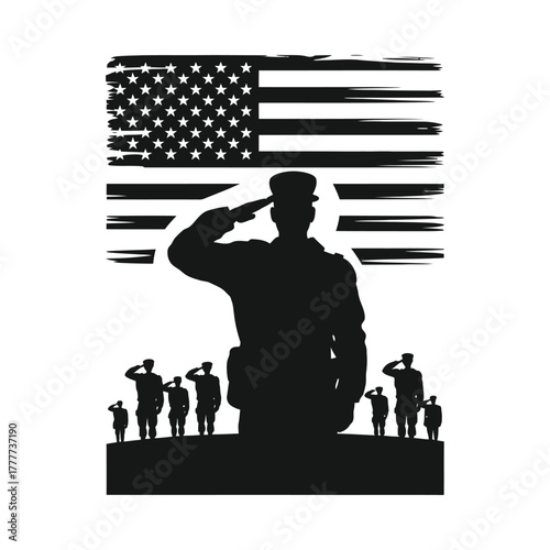 Silhouette of us soldier saluting in front of distressed american flag