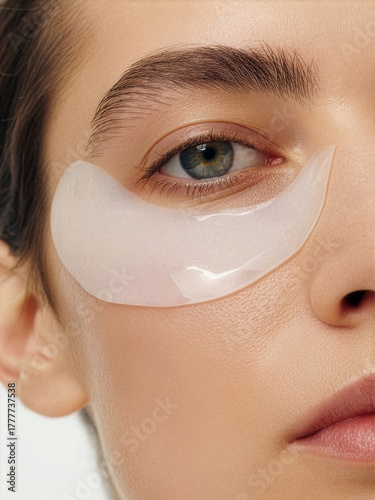 Woman applying eye mask for skincare during morning routine at home