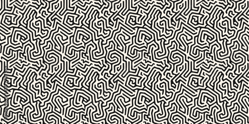 Black and white seamless pattern with abstract maze, labyrinth, organic shapes, quirky fluid lines. Simple vector monochrome background with biological structures, brain texture, coral. Repeat design