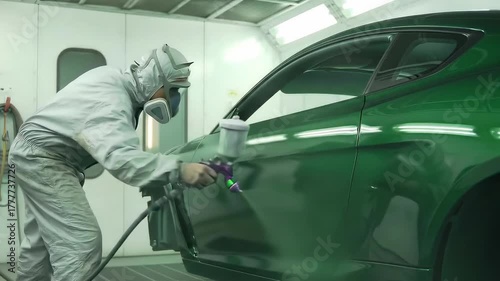 Professional painter in protective suit spray painting green luxury car in paint booth garage