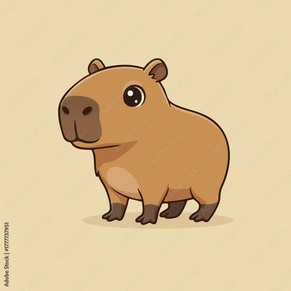 Fototapeta premium Cute cartoon capybara standing with a gentle, friendly expression. Adorable South American rodent illustration perfect for kids books, posters, stickers, nursery decor, and educational materials.