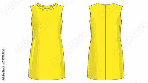 Bright Yellow Sleeveless Shift Dress Vector Template - A-Line Fashion Flat Sketch Front and Back