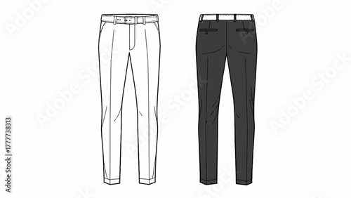 Formal Men's Trousers Vector Template - Front Outline and Back Filled View Technical Flat Sketch