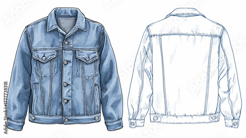 Vector Illustration of Classic Denim Jean Jacket Front and Back Views - Technical Fashion Sketch