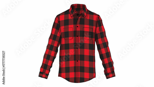 Red and Black Flannel Shirt Vector Template: Plaid Button-Up Mockup