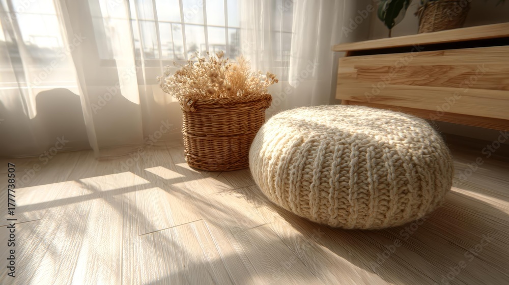 Fototapeta premium Cozy Interior with Knitted Pouf and Wicker Basket by Window.