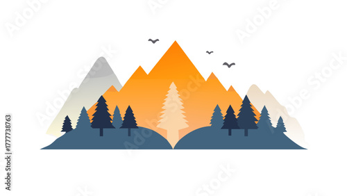Layered mountain silhouette with trees and horizon, peaceful dawn or dusk scene, minimalist vector art, nature-inspired and atmospheric design .vector icon