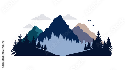 Layered mountain silhouette with trees and horizon, peaceful dawn or dusk scene, minimalist vector art, nature-inspired and atmospheric design .vector icon