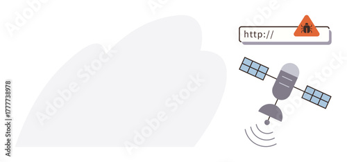 Satellite sending signals alongside a malware warning in a web address bar. Ideal for cybersecurity, data security, tech awareness, communication, malware threat, satellite technology, simple flat
