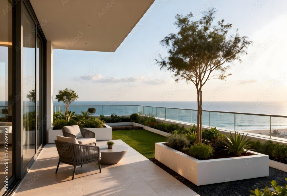 Obraz premium Luxurious Coastal Terrace: A modern, sun-drenched terrace overlooking the serene ocean. The scene evokes a sense of tranquility.