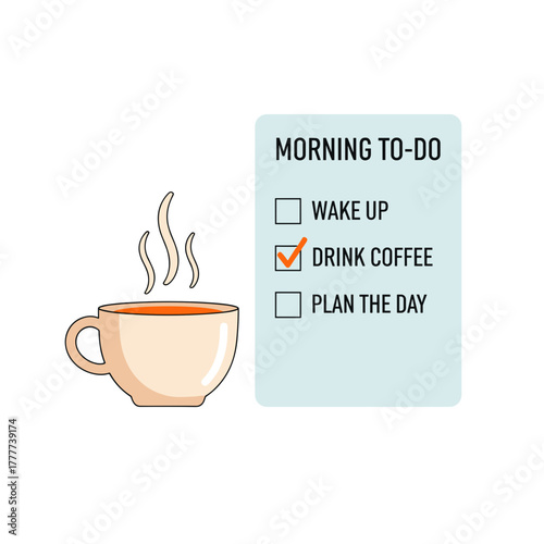 Coffee cup and morning to-do list with drink coffee highlighted  