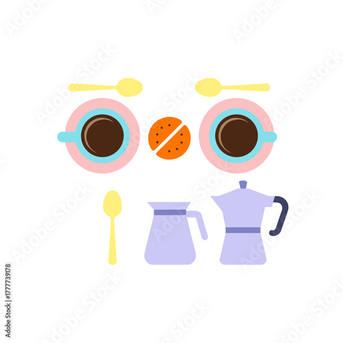Colorful coffee cups and accessories on a white background  
