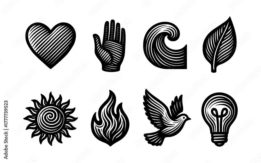 Obraz premium Set of abstract linear icons: nature, peace, energy, and symbols