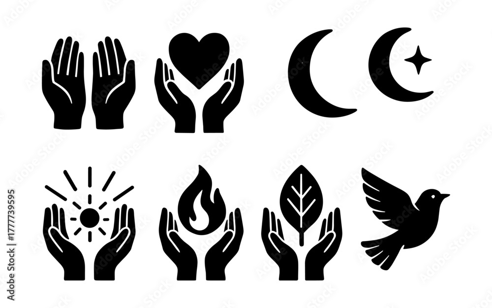Fototapeta premium Silhouette hand symbols: heart, sun, moon, flame, leaf, bird elements