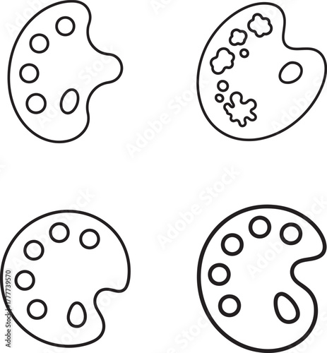 Four hand drawn outline art palettes showing different stages of paint mixing and application