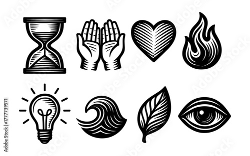 Monochrome icon set: hands, heart, fire, light bulb, and more in engraved style
