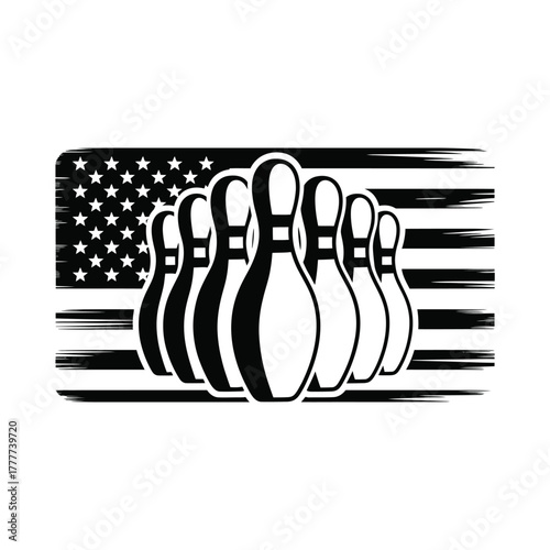 Bowling pins stand in front of a distressed american flag in black and white