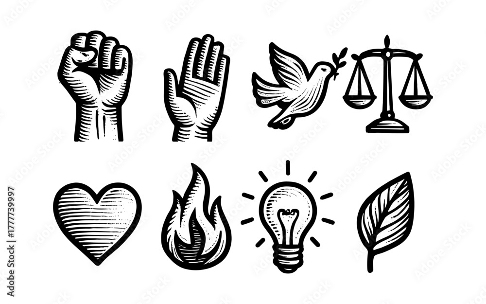 Obraz premium Vintage hand drawn icons for peace, justice, and creativity design