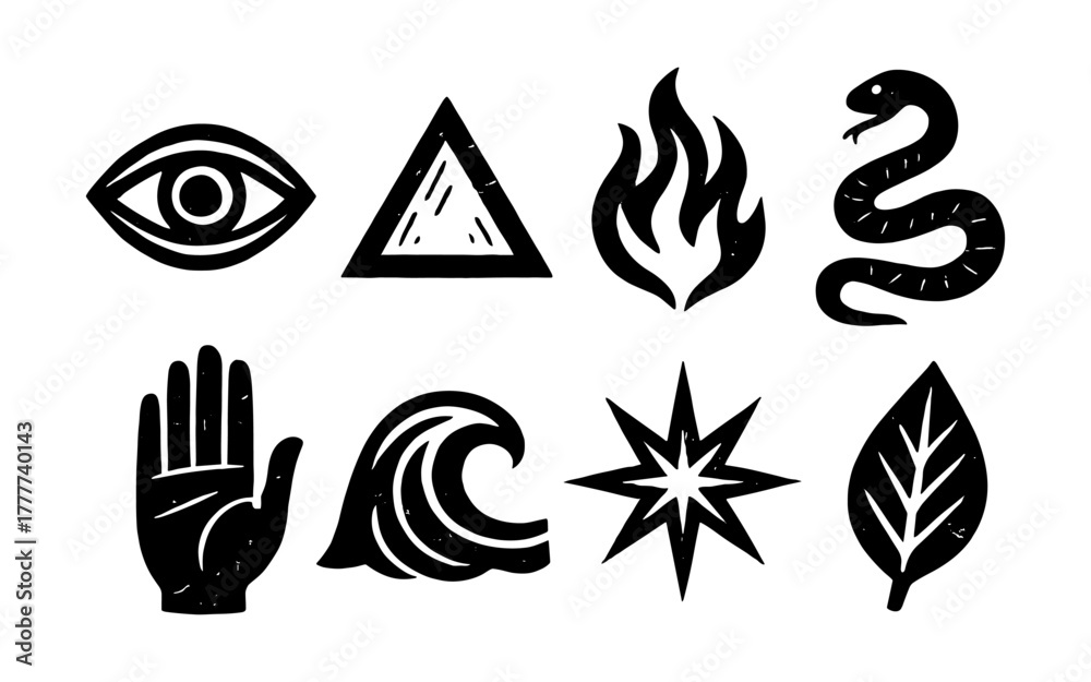 Fototapeta premium Mystical symbols set: eye, triangle, flame, snake, hand, wave, star, leaf