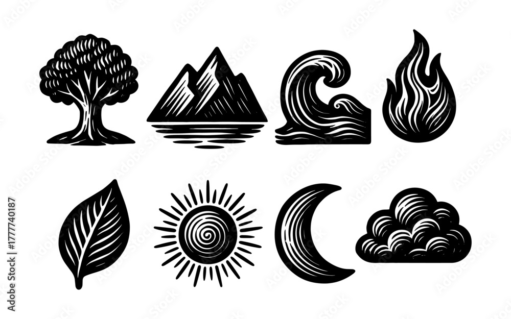 Naklejka premium Nature elements set: trees, mountains, waves, fire, moon, sun, clouds, leaves