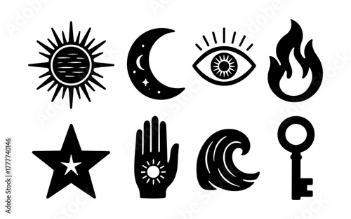 Mystic symbols: sun, moon, eye, fire, star, hand, wave, key in bold silhouette design
