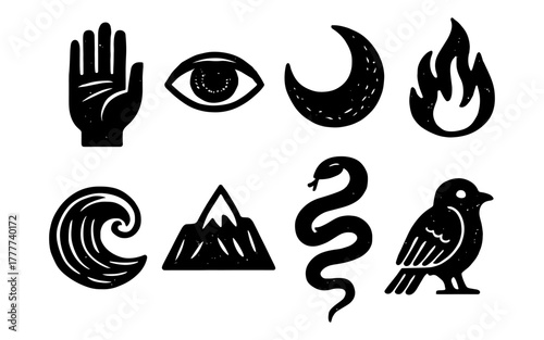 Urban style icon set: nature, mysticism, adventure, and wildlife in bold black and white