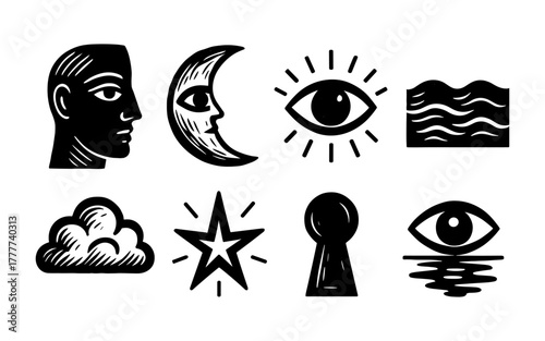 Mystical symbols collection featuring moon, eye, star, and keyhole in vintage woodcut style