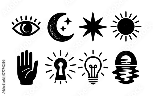 Mystical symbols collection featuring eye, moon, star, sun, hand, keyhole, lightbulb, and reflection