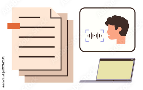 Documents, profile of person speaking with audio waveform, and laptop. Ideal for transcription, technology, productivity, workflow, voice-to-text e-learning remote work. Simple flat metaphor