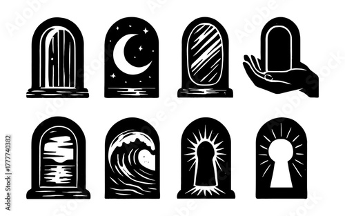 Mystical archway windows with celestial and nature silhouettes in black and white