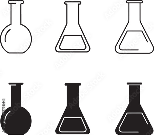 Set of laboratory glassware icons including round bottom and erlenmeyer flasks in outline and silhouette styles