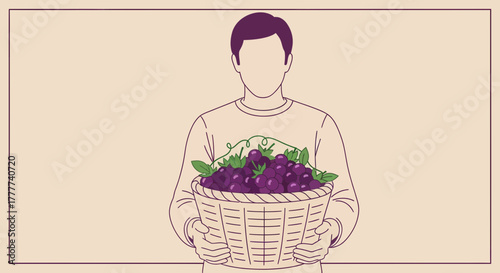 Man Holding Basket Filled With Grapes, Presented on a Beige Background