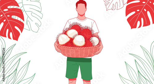 Man Holding Basket of Tropical Fruit Amidst Decorative Leafy Foliage Illustration