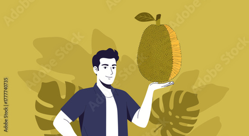 Man Holding Giant Fruit Illustration, Exotic Jackfruit on Solid Yellow Background Artistic Pose