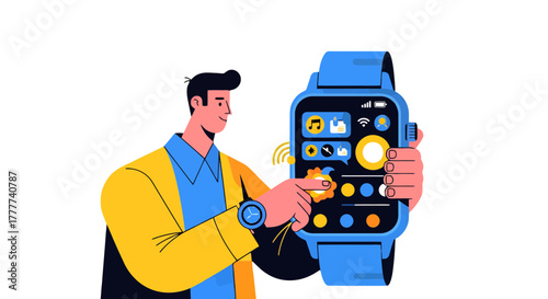 Man Interacting With Smartwatch Interface Displaying App Icons on Black Background