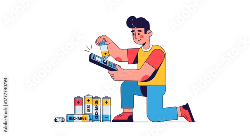 Man Installing Batteries in Device, Demonstrating Recharging and Utilization Procedures