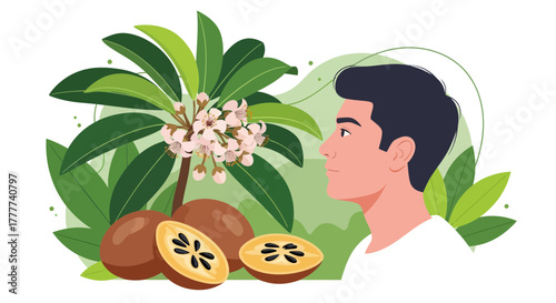 Man In The Presence Of Plant And Fruit Illustration Of A Tropical Scene