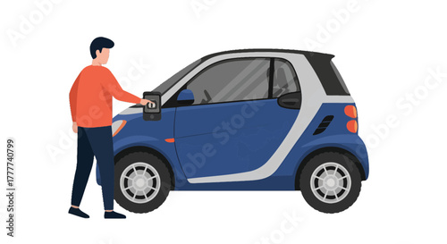 Man Interacting With Smart Car Technology Using Smartphone For Access And Control