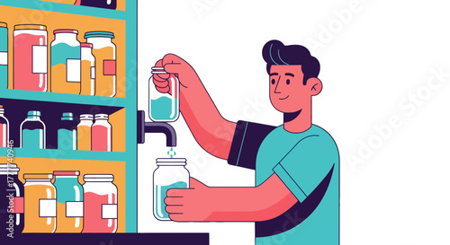 Man Refilling Glass Jars With Liquid From A Tap Displaying A Sustainable, Eco-Friendly Ethos